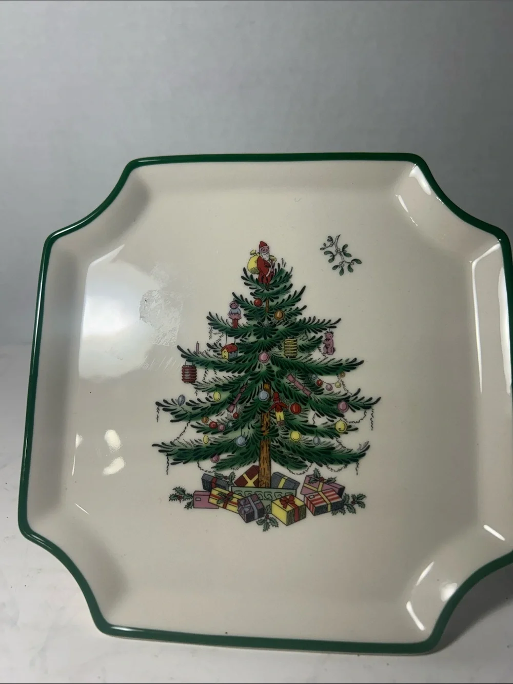 Spode Christmas Tree Pedestal Serving Plate in Cream with Green Trim 7 inch